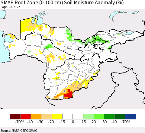 Central Asia SMAP Root Zone (0-100 cm) Soil Moisture Anomaly (%) Thematic Map For 4/6/2022 - 4/10/2022