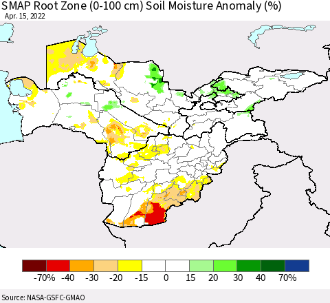 Central Asia SMAP Root Zone (0-100 cm) Soil Moisture Anomaly (%) Thematic Map For 4/11/2022 - 4/15/2022