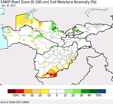 Central Asia SMAP Root Zone (0-100 cm) Soil Moisture Anomaly (%) Thematic Map For 4/16/2022 - 4/20/2022