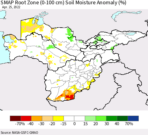 Central Asia SMAP Root Zone (0-100 cm) Soil Moisture Anomaly (%) Thematic Map For 4/21/2022 - 4/25/2022
