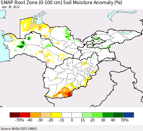 Central Asia SMAP Root Zone (0-100 cm) Soil Moisture Anomaly (%) Thematic Map For 4/26/2022 - 4/30/2022