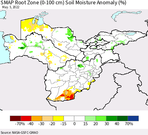 Central Asia SMAP Root Zone (0-100 cm) Soil Moisture Anomaly (%) Thematic Map For 5/1/2022 - 5/5/2022