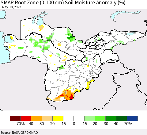 Central Asia SMAP Root Zone (0-100 cm) Soil Moisture Anomaly (%) Thematic Map For 5/6/2022 - 5/10/2022