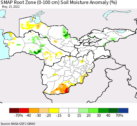 Central Asia SMAP Root Zone (0-100 cm) Soil Moisture Anomaly (%) Thematic Map For 5/11/2022 - 5/15/2022