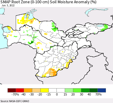 Central Asia SMAP Root Zone (0-100 cm) Soil Moisture Anomaly (%) Thematic Map For 6/1/2022 - 6/5/2022