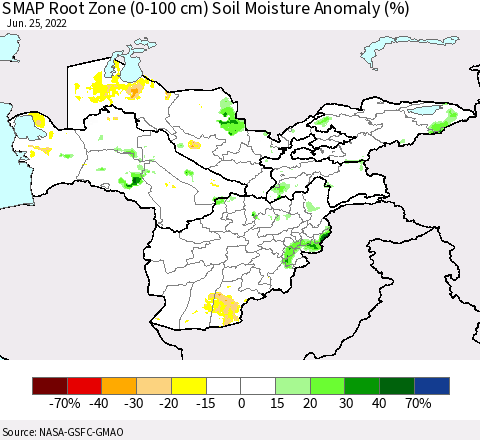 Central Asia SMAP Root Zone (0-100 cm) Soil Moisture Anomaly (%) Thematic Map For 6/21/2022 - 6/25/2022