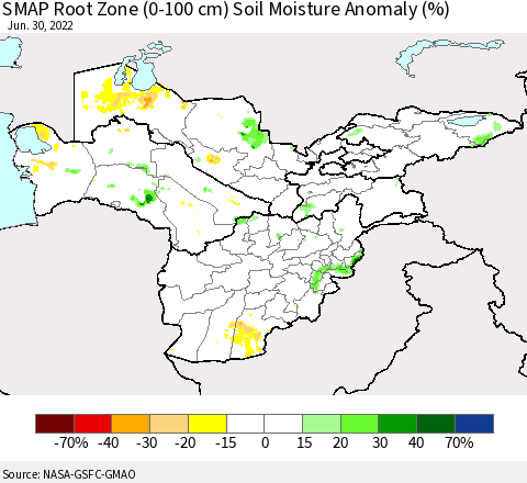 Central Asia SMAP Root Zone (0-100 cm) Soil Moisture Anomaly (%) Thematic Map For 6/26/2022 - 6/30/2022