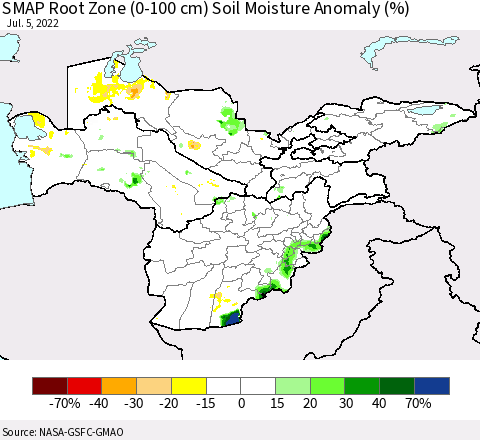Central Asia SMAP Root Zone (0-100 cm) Soil Moisture Anomaly (%) Thematic Map For 7/1/2022 - 7/5/2022