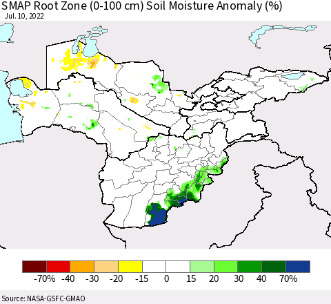 Central Asia SMAP Root Zone (0-100 cm) Soil Moisture Anomaly (%) Thematic Map For 7/6/2022 - 7/10/2022