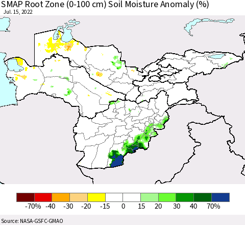 Central Asia SMAP Root Zone (0-100 cm) Soil Moisture Anomaly (%) Thematic Map For 7/11/2022 - 7/15/2022