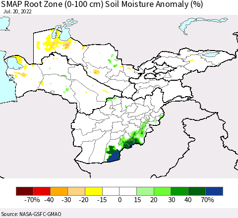 Central Asia SMAP Root Zone (0-100 cm) Soil Moisture Anomaly (%) Thematic Map For 7/16/2022 - 7/20/2022