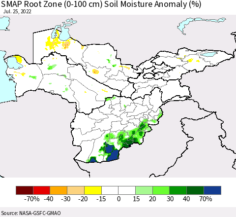 Central Asia SMAP Root Zone (0-100 cm) Soil Moisture Anomaly (%) Thematic Map For 7/21/2022 - 7/25/2022
