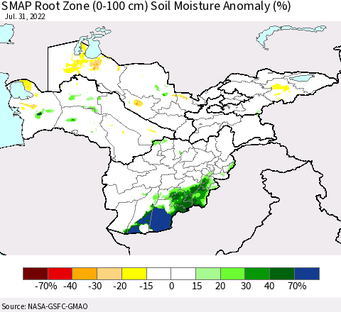 Central Asia SMAP Root Zone (0-100 cm) Soil Moisture Anomaly (%) Thematic Map For 7/26/2022 - 7/31/2022