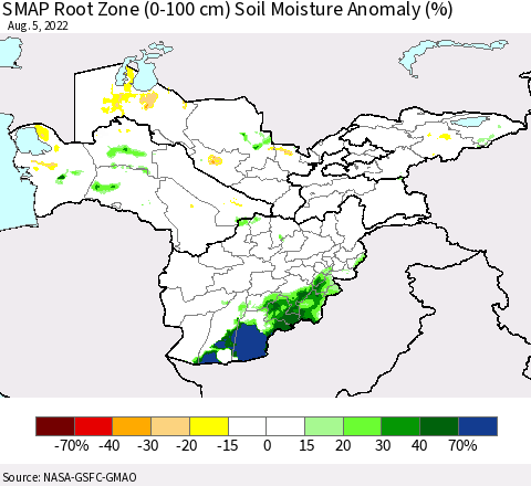 Central Asia SMAP Root Zone (0-100 cm) Soil Moisture Anomaly (%) Thematic Map For 8/1/2022 - 8/5/2022