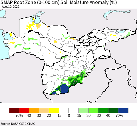 Central Asia SMAP Root Zone (0-100 cm) Soil Moisture Anomaly (%) Thematic Map For 8/6/2022 - 8/10/2022