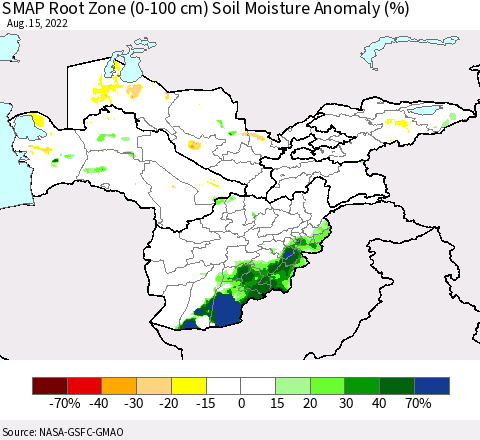 Central Asia SMAP Root Zone (0-100 cm) Soil Moisture Anomaly (%) Thematic Map For 8/11/2022 - 8/15/2022