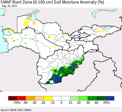 Central Asia SMAP Root Zone (0-100 cm) Soil Moisture Anomaly (%) Thematic Map For 8/16/2022 - 8/20/2022