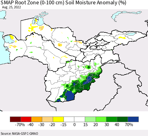 Central Asia SMAP Root Zone (0-100 cm) Soil Moisture Anomaly (%) Thematic Map For 8/21/2022 - 8/25/2022