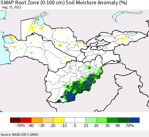 Central Asia SMAP Root Zone (0-100 cm) Soil Moisture Anomaly (%) Thematic Map For 8/26/2022 - 8/31/2022
