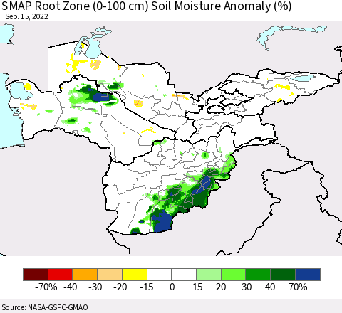 Central Asia SMAP Root Zone (0-100 cm) Soil Moisture Anomaly (%) Thematic Map For 9/11/2022 - 9/15/2022
