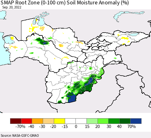 Central Asia SMAP Root Zone (0-100 cm) Soil Moisture Anomaly (%) Thematic Map For 9/16/2022 - 9/20/2022