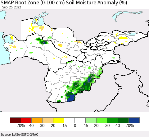 Central Asia SMAP Root Zone (0-100 cm) Soil Moisture Anomaly (%) Thematic Map For 9/21/2022 - 9/25/2022