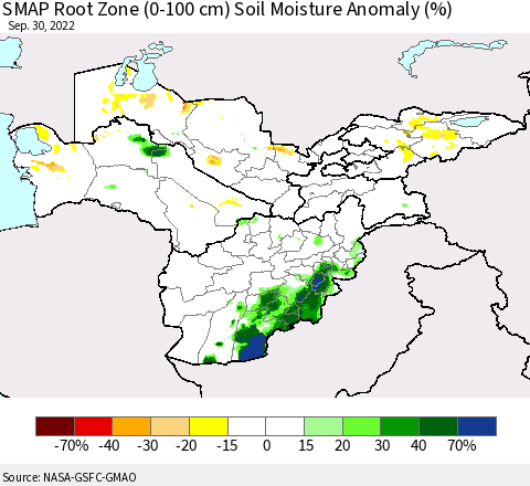 Central Asia SMAP Root Zone (0-100 cm) Soil Moisture Anomaly (%) Thematic Map For 9/26/2022 - 9/30/2022