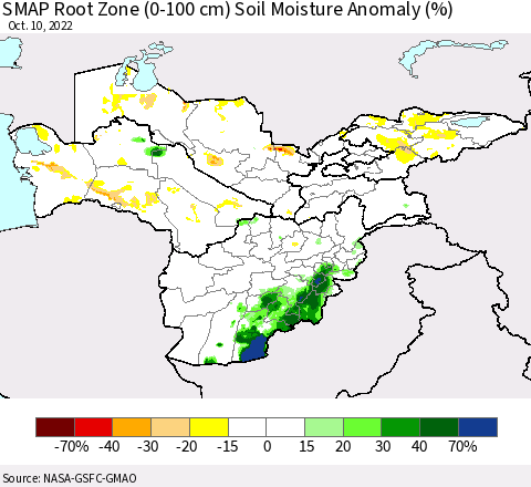 Central Asia SMAP Root Zone (0-100 cm) Soil Moisture Anomaly (%) Thematic Map For 10/6/2022 - 10/10/2022