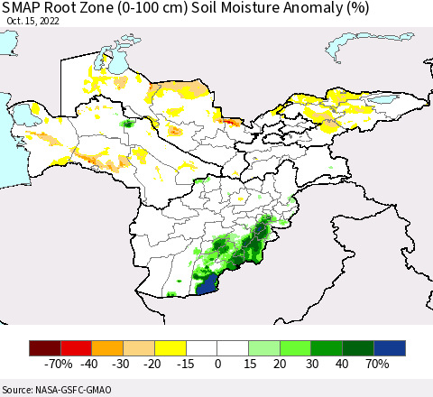 Central Asia SMAP Root Zone (0-100 cm) Soil Moisture Anomaly (%) Thematic Map For 10/11/2022 - 10/15/2022