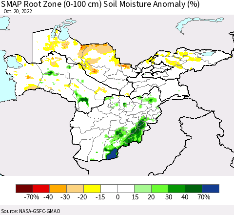 Central Asia SMAP Root Zone (0-100 cm) Soil Moisture Anomaly (%) Thematic Map For 10/16/2022 - 10/20/2022
