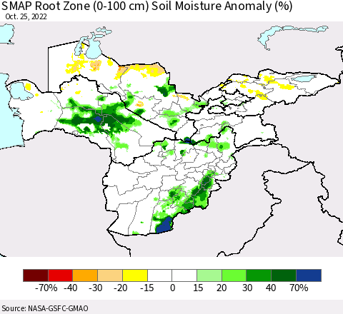 Central Asia SMAP Root Zone (0-100 cm) Soil Moisture Anomaly (%) Thematic Map For 10/21/2022 - 10/25/2022