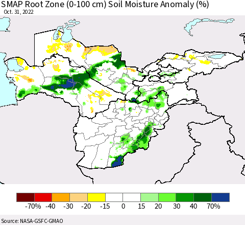 Central Asia SMAP Root Zone (0-100 cm) Soil Moisture Anomaly (%) Thematic Map For 10/26/2022 - 10/31/2022