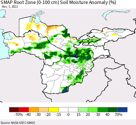 Central Asia SMAP Root Zone (0-100 cm) Soil Moisture Anomaly (%) Thematic Map For 11/1/2022 - 11/5/2022