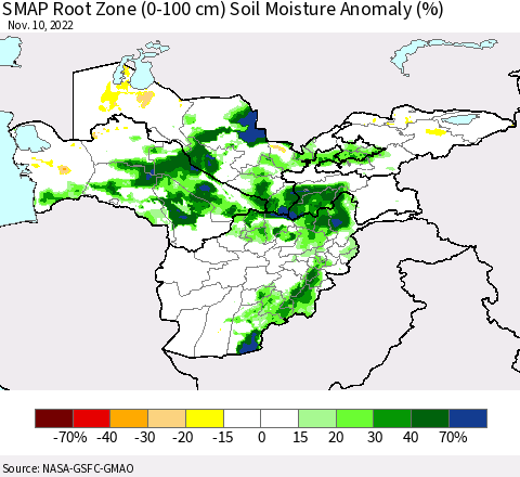 Central Asia SMAP Root Zone (0-100 cm) Soil Moisture Anomaly (%) Thematic Map For 11/6/2022 - 11/10/2022