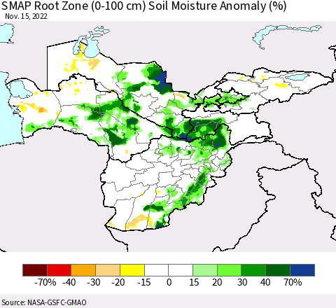 Central Asia SMAP Root Zone (0-100 cm) Soil Moisture Anomaly (%) Thematic Map For 11/11/2022 - 11/15/2022