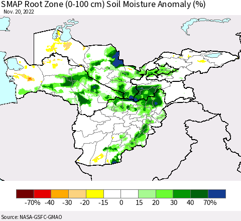 Central Asia SMAP Root Zone (0-100 cm) Soil Moisture Anomaly (%) Thematic Map For 11/16/2022 - 11/20/2022