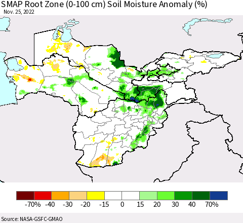 Central Asia SMAP Root Zone (0-100 cm) Soil Moisture Anomaly (%) Thematic Map For 11/21/2022 - 11/25/2022