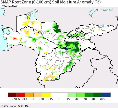 Central Asia SMAP Root Zone (0-100 cm) Soil Moisture Anomaly (%) Thematic Map For 11/26/2022 - 11/30/2022