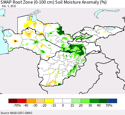 Central Asia SMAP Root Zone (0-100 cm) Soil Moisture Anomaly (%) Thematic Map For 12/1/2022 - 12/5/2022