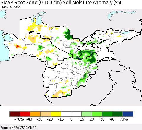 Central Asia SMAP Root Zone (0-100 cm) Soil Moisture Anomaly (%) Thematic Map For 12/6/2022 - 12/10/2022