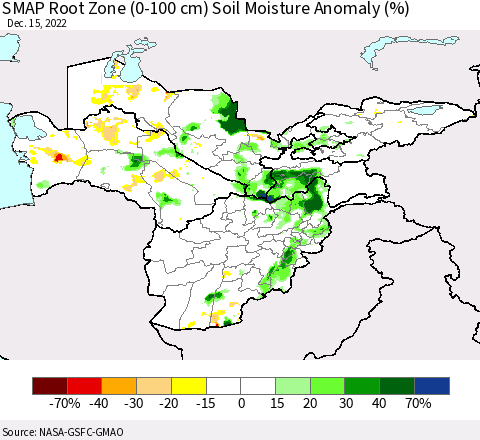 Central Asia SMAP Root Zone (0-100 cm) Soil Moisture Anomaly (%) Thematic Map For 12/11/2022 - 12/15/2022