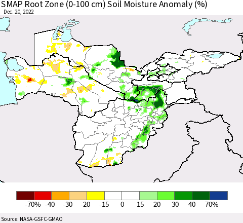 Central Asia SMAP Root Zone (0-100 cm) Soil Moisture Anomaly (%) Thematic Map For 12/16/2022 - 12/20/2022