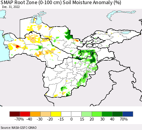 Central Asia SMAP Root Zone (0-100 cm) Soil Moisture Anomaly (%) Thematic Map For 12/26/2022 - 12/31/2022