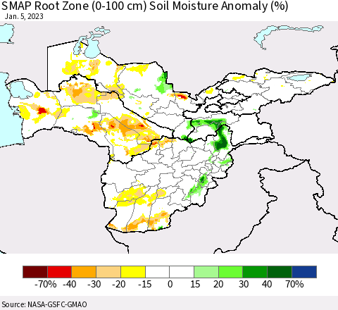 Central Asia SMAP Root Zone (0-100 cm) Soil Moisture Anomaly (%) Thematic Map For 1/1/2023 - 1/5/2023