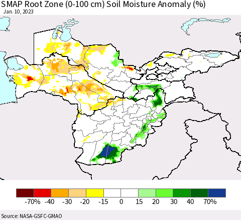 Central Asia SMAP Root Zone (0-100 cm) Soil Moisture Anomaly (%) Thematic Map For 1/6/2023 - 1/10/2023