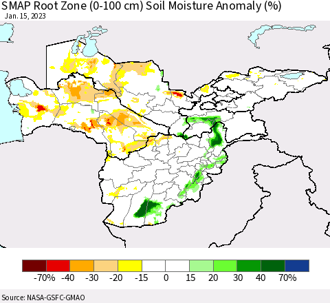 Central Asia SMAP Root Zone (0-100 cm) Soil Moisture Anomaly (%) Thematic Map For 1/11/2023 - 1/15/2023