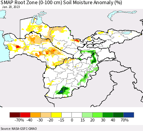 Central Asia SMAP Root Zone (0-100 cm) Soil Moisture Anomaly (%) Thematic Map For 1/16/2023 - 1/20/2023