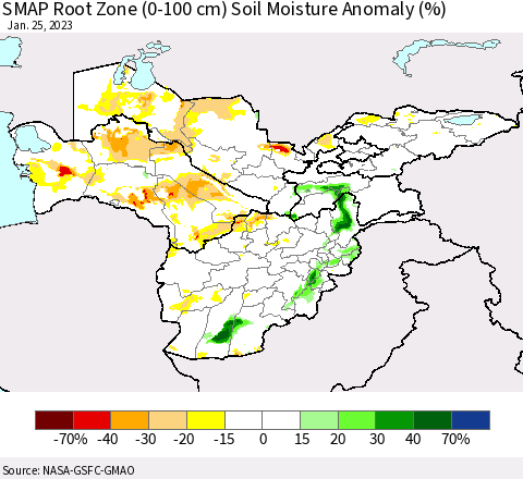 Central Asia SMAP Root Zone (0-100 cm) Soil Moisture Anomaly (%) Thematic Map For 1/21/2023 - 1/25/2023