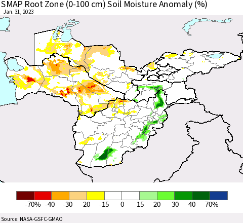 Central Asia SMAP Root Zone (0-100 cm) Soil Moisture Anomaly (%) Thematic Map For 1/26/2023 - 1/31/2023