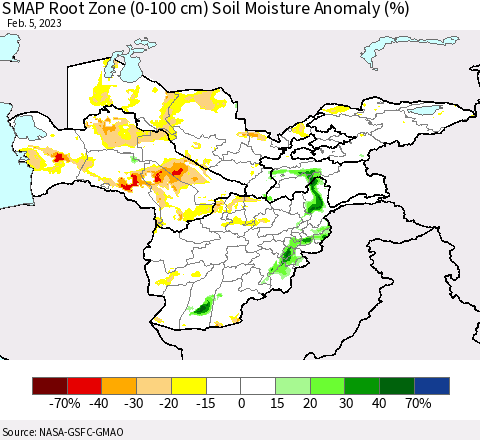 Central Asia SMAP Root Zone (0-100 cm) Soil Moisture Anomaly (%) Thematic Map For 2/1/2023 - 2/5/2023
